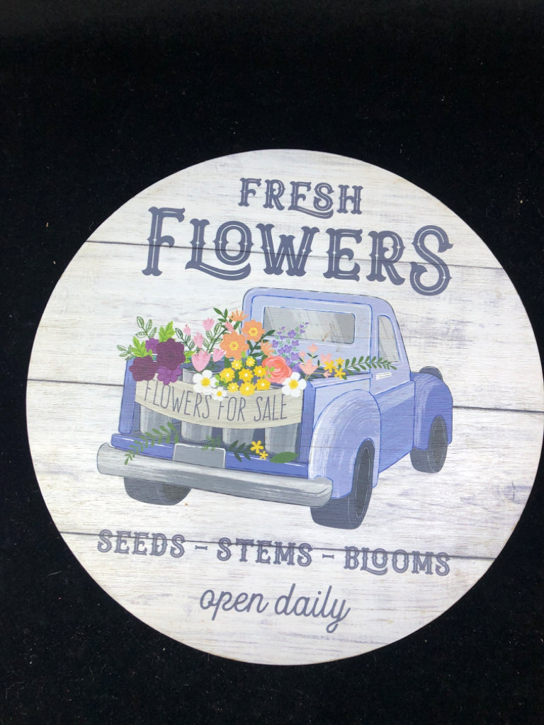 FRESH FLOWERS W/ BLUE TRUCK WOOD LAZY SUSAN.