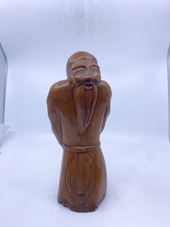 WOOD CARVED MAN W/ HANDS BEHIND BACK LONG BEARD.