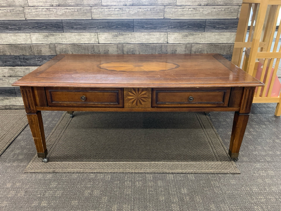 CHERRY WOOD COCKTAIL TABLE W/ INLAY 2 DRAWERS.