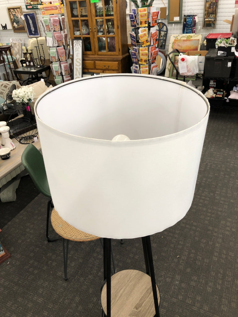 TRIPOD FLOOR LAMP W/SHELVES.