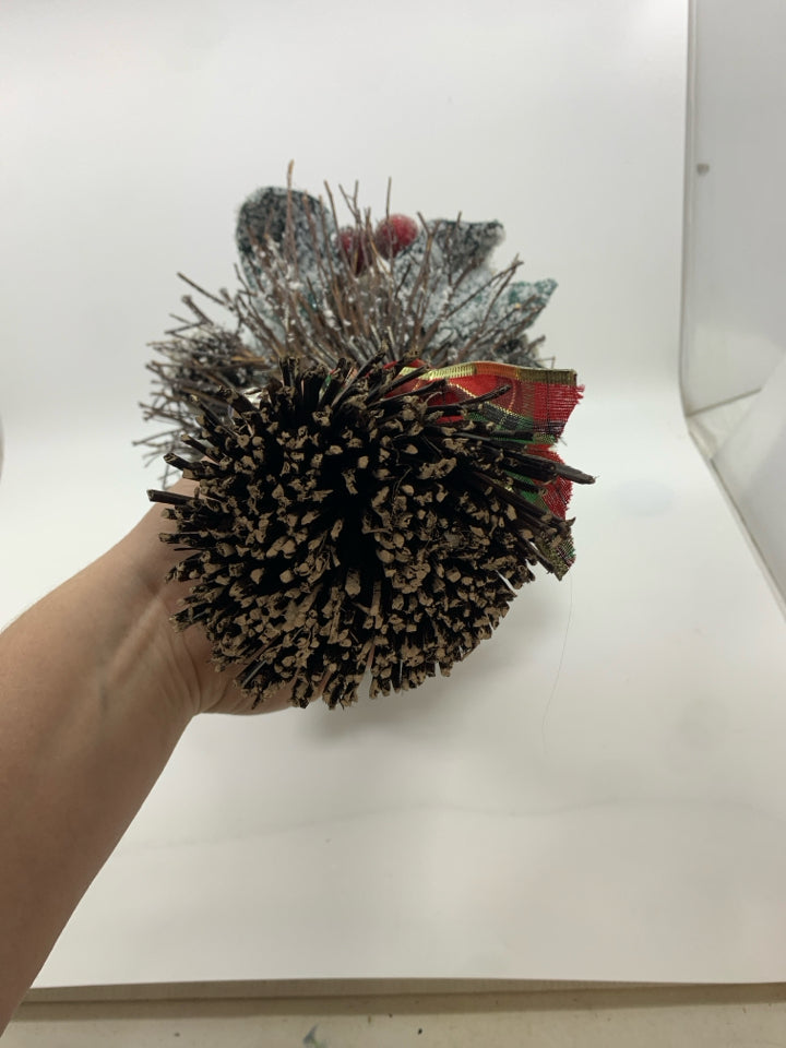 BUNDLE OF FAUX FROSTED PINECONES/BRANCHES W/RED RIBBON.