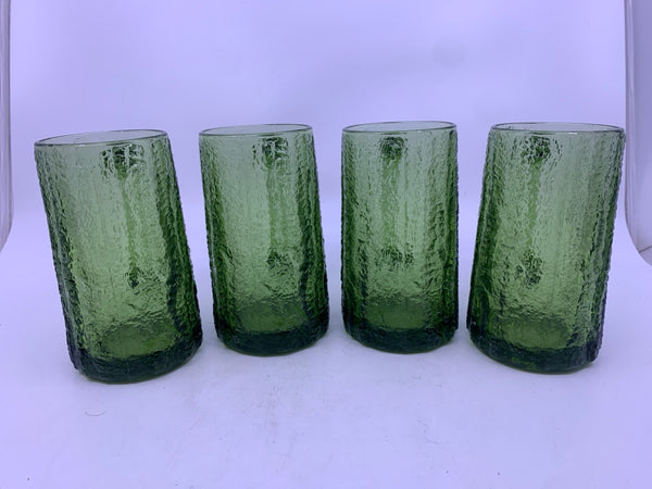 4 GREEN TEXTURED GLASS W HANDLES DRINKING GLASSES.