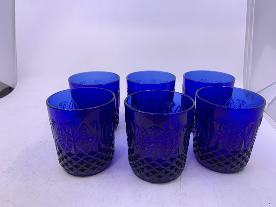 6 SHORT COBALT BLUE EMBOSSED DESIGNS GLASSES.