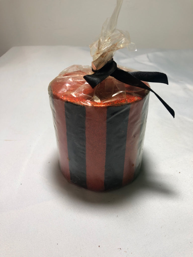 ORANGE BLACK STRIPE PILLAR CANDLE.