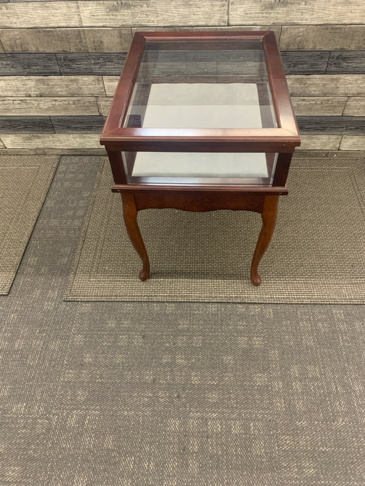 DARK WOOD SHADOW BOX SIDE TABLE.