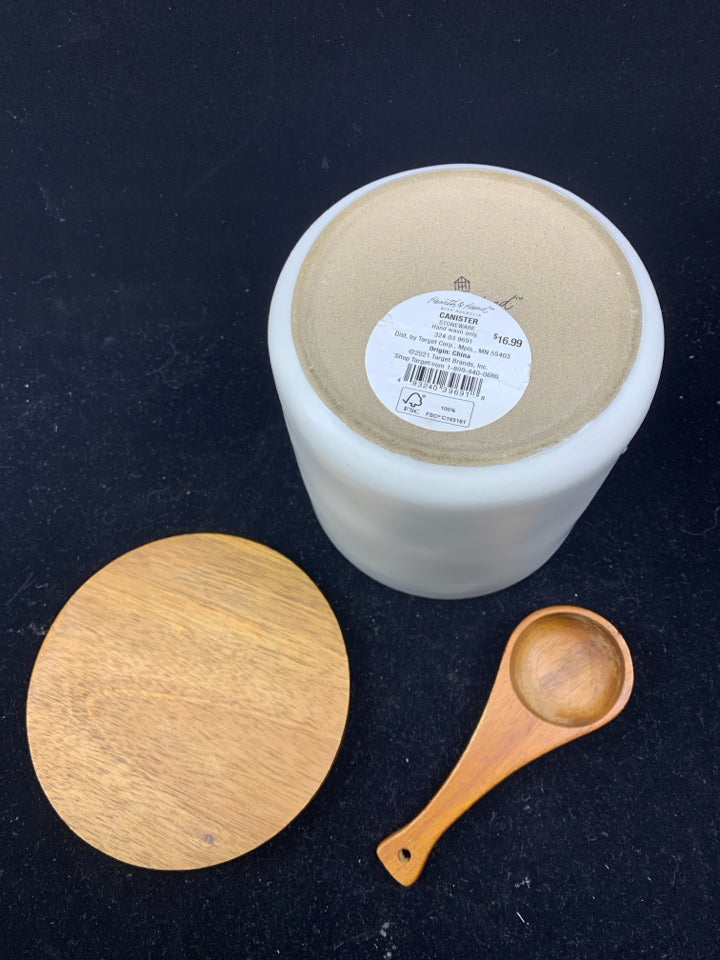 WHITE W/ WOOD LID COFFEE CANISTER W/SPOON.