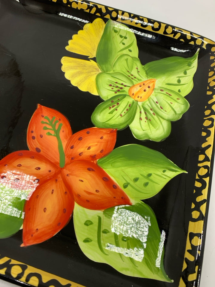 YELLOW/RED FLOWER SQUARE SERVING PLATE.