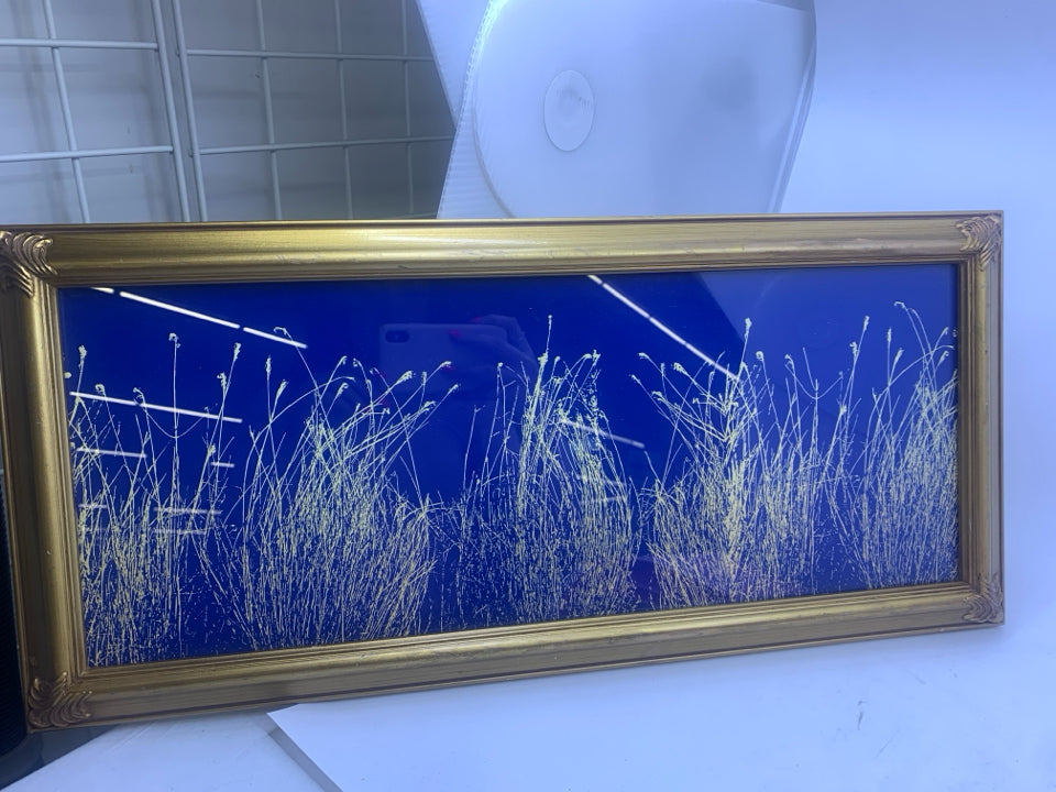BLUE AND GOLD GRASS PATTERN WALL ART.