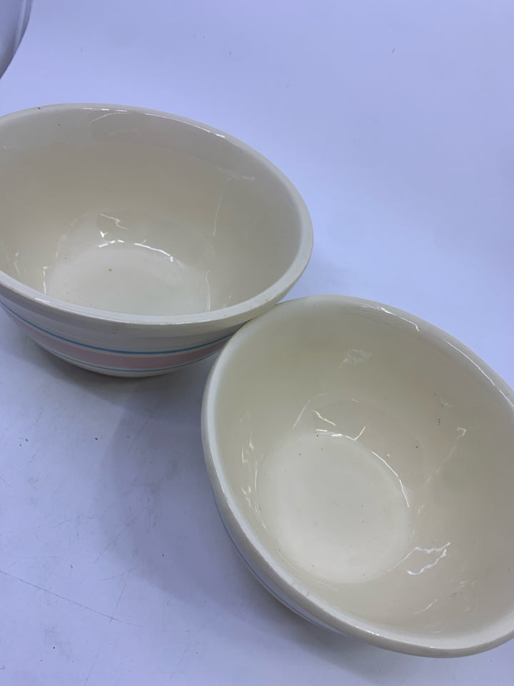 2 VTG OVENPROOF CREAM W/ PINK + BLUE STRIPE BOWLS.