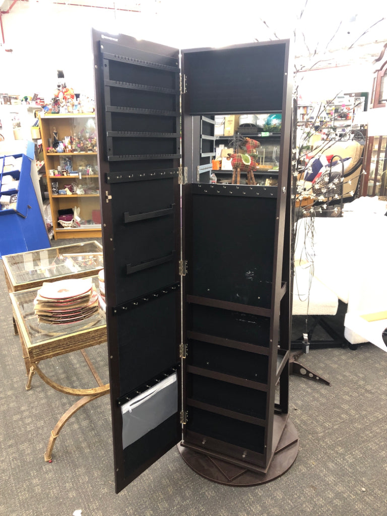 DRK WOOD SWIVEL MIRROR W/JEWELRY STORAGE, SHELF STORAGE.