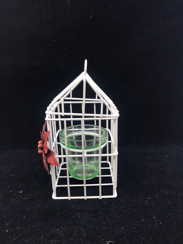 SMALL WHITE METAL BIRDCAGE TEA LIGHT HOLDER W FLORAL.