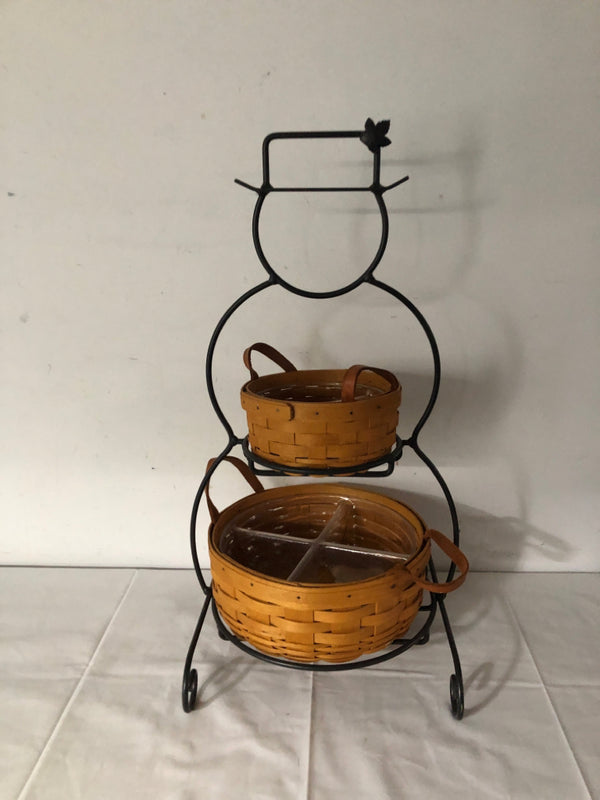 2 TIER LONGABERGER SNOWMAN METAL HOLDER W/ 2 BASKET W/ DIVIDED INSERTS/ LEATHER