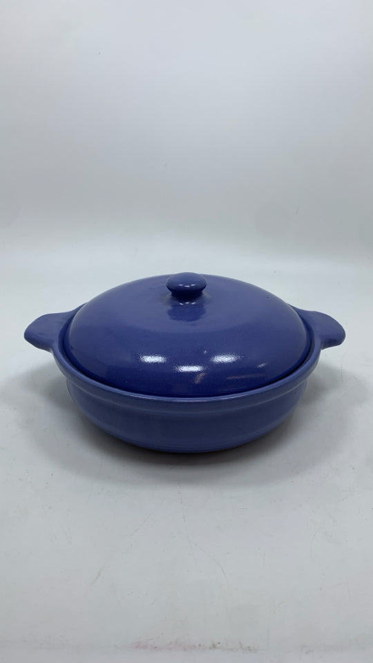 BLUE GLAZED TERRA COTTA BAKING DISH W/LID.