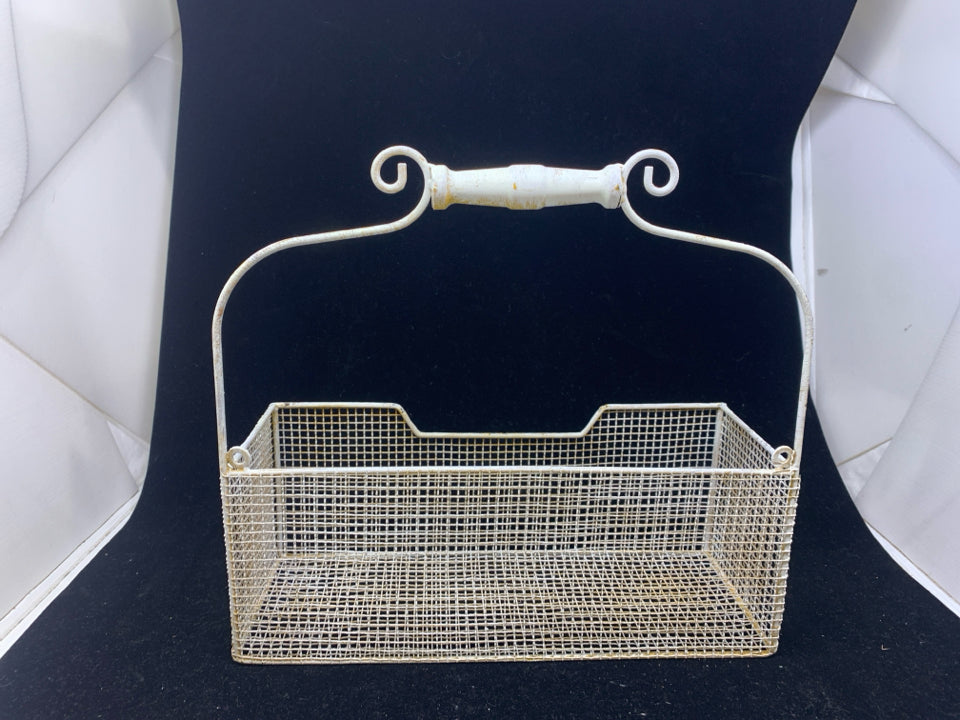 WHITE METAL WALL HANGING BASKET.
