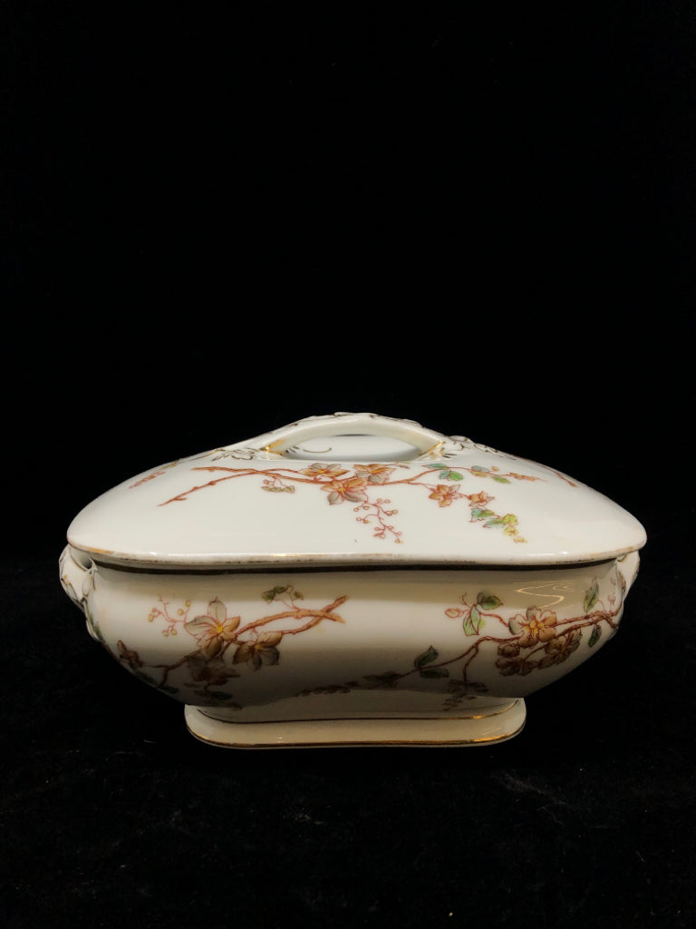 VTG LIMOGES COVERED DISH W/HANDLES- T&V MARGUERITE BROWN BLOSSOM.