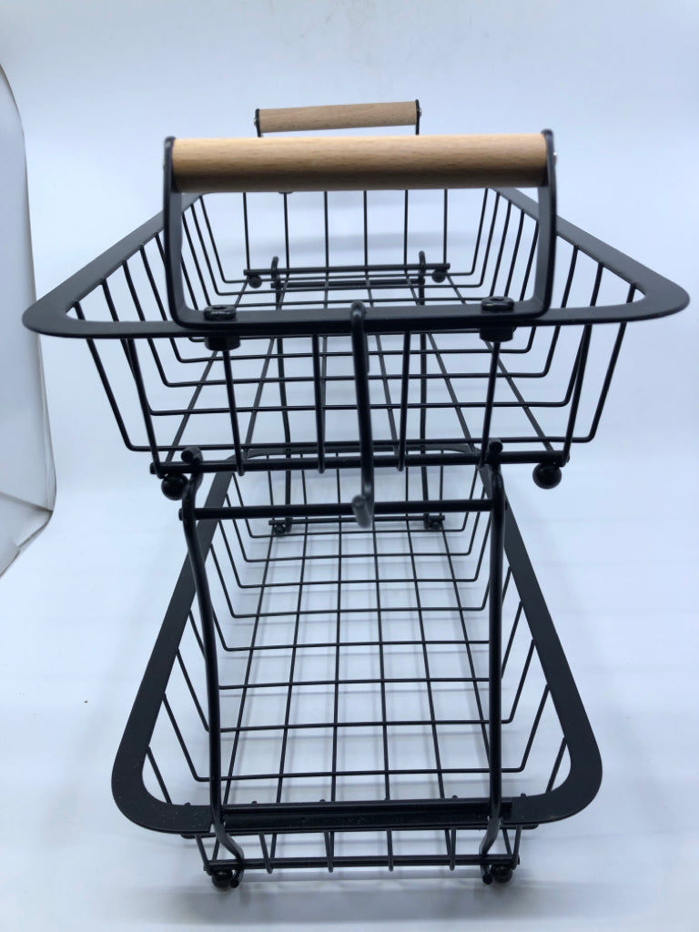 BLACK WIRE 2 TIER FRUIT HOLDER W/WOOD HANDLES & BANANA HOOK.