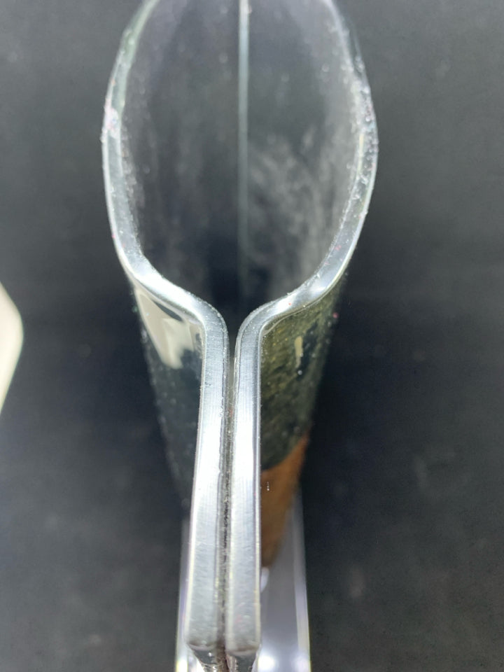 BLACK METAL THIN VASE W/GOLD ACCENTS.