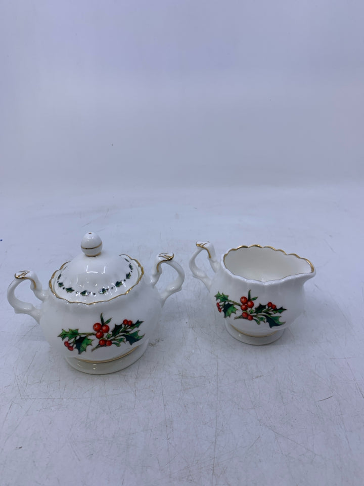 SMALL SUG/CREAMER W/ HOLLY A CUP OF CHRISTMAS TEA.