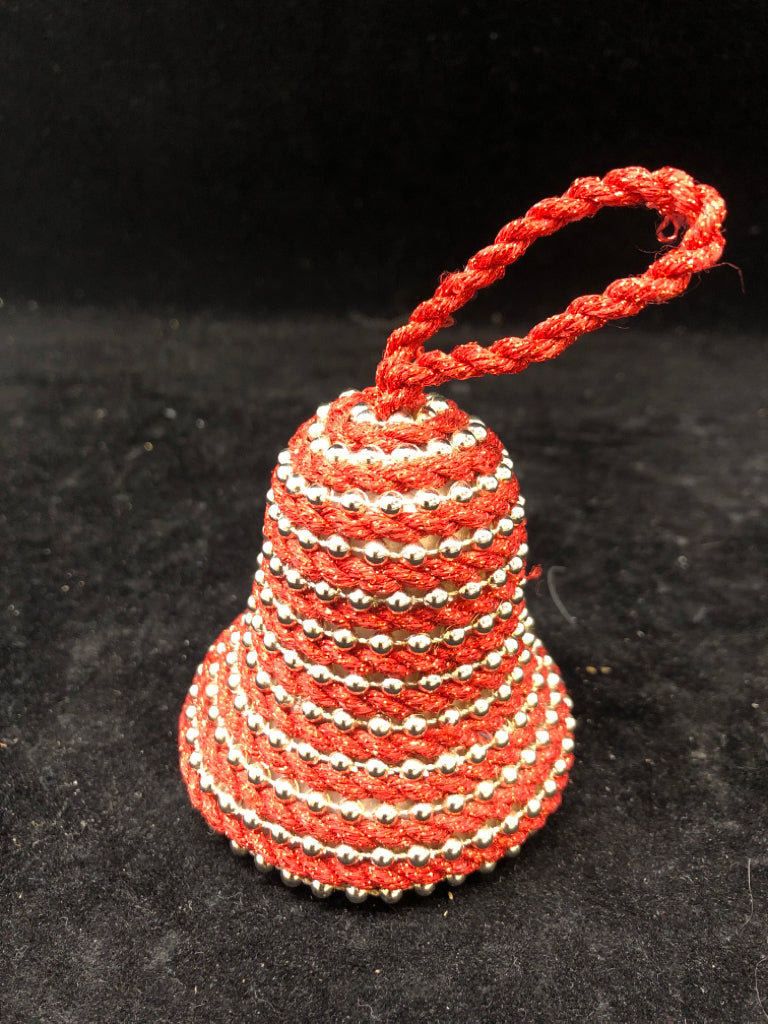 SILVER/RED BEADED BELL ORNAMENT.