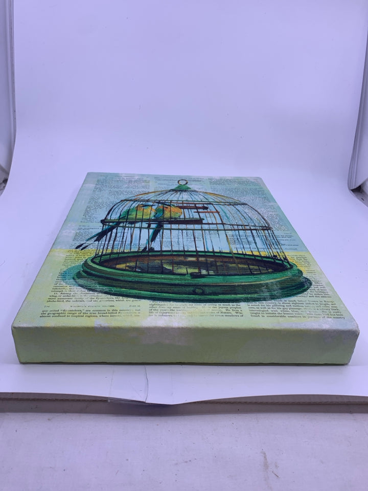 GREEN BIRD CAGE OVER NEWSPAPER PRINT WALL CANVAS.