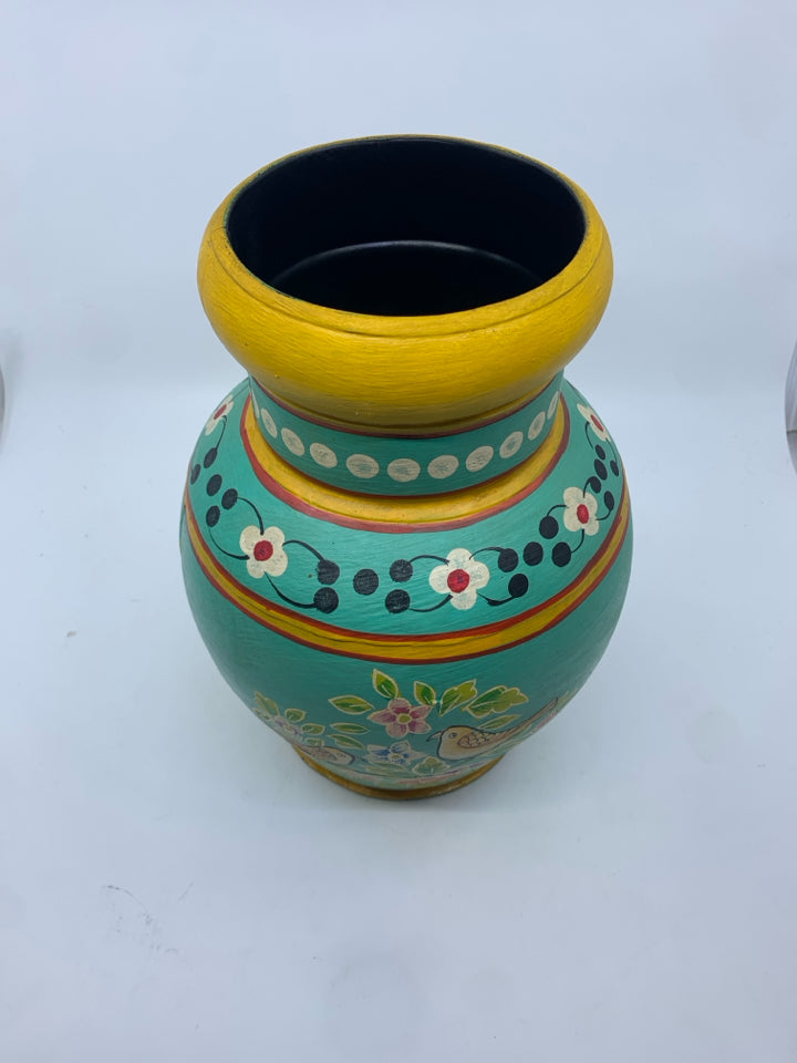 TEAL AND YELLOW BIRD PAINTED METAL VASE.