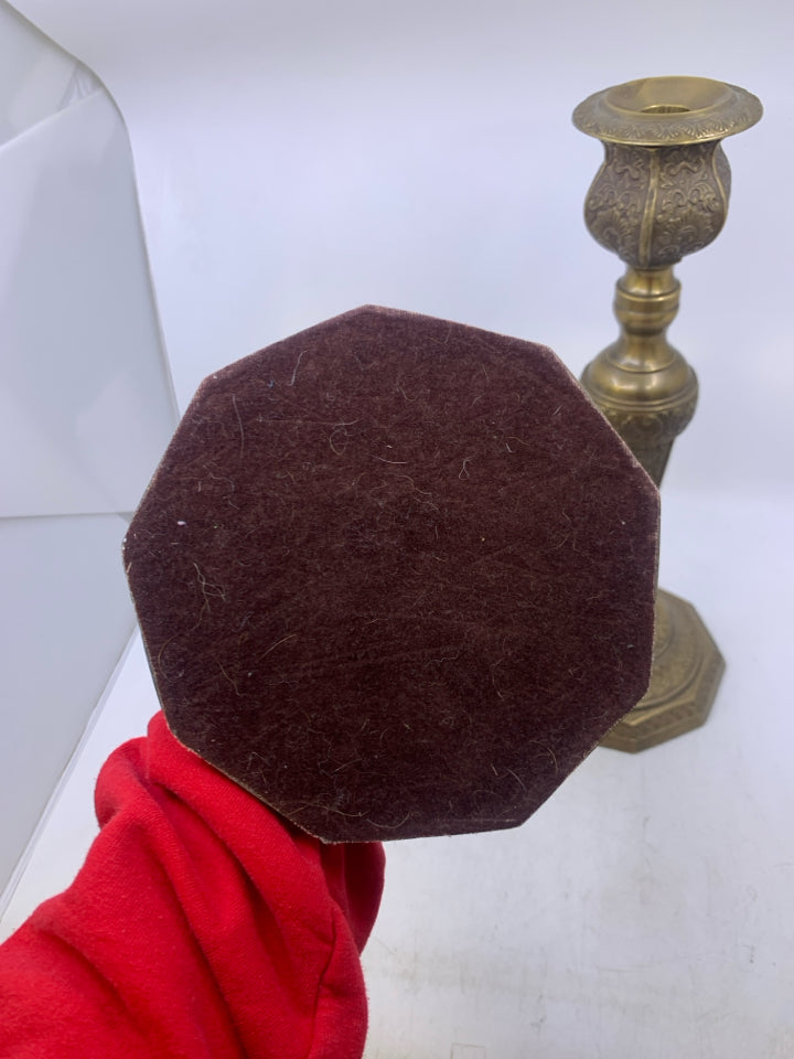 2 HEAVY ORNATE DETAILED METAL TAPERED CANDLE HOLDERS.