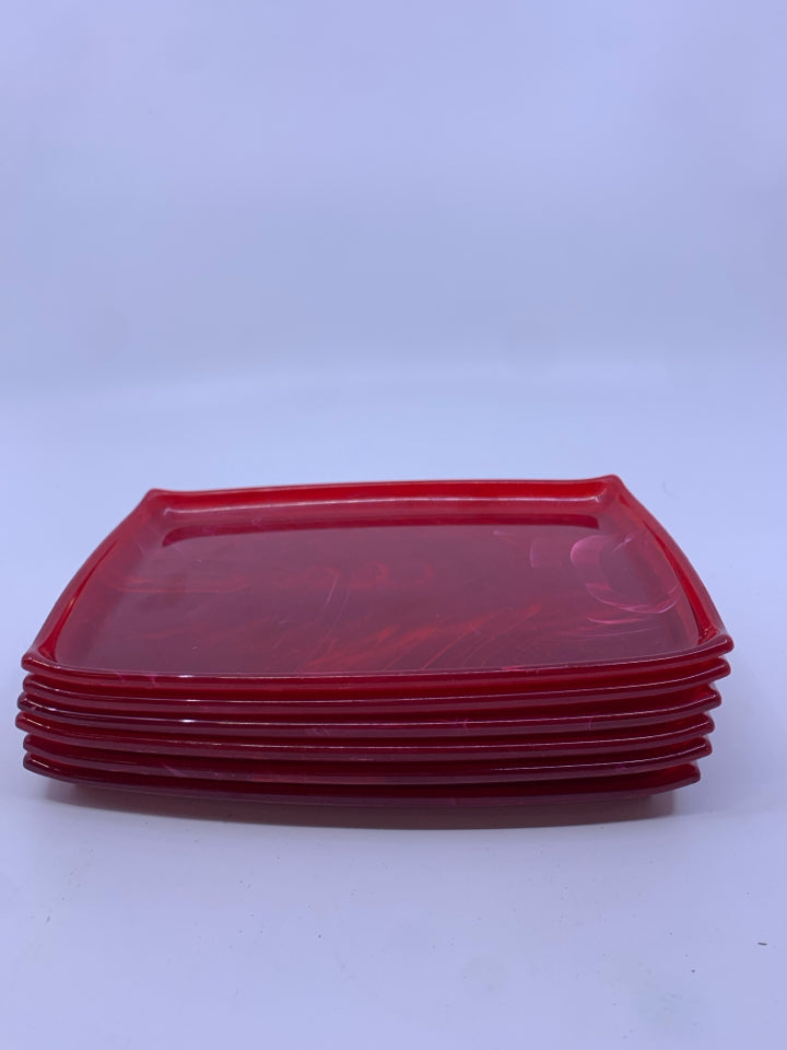 5 RED SWIRLED RECTANGLE TRAYS.