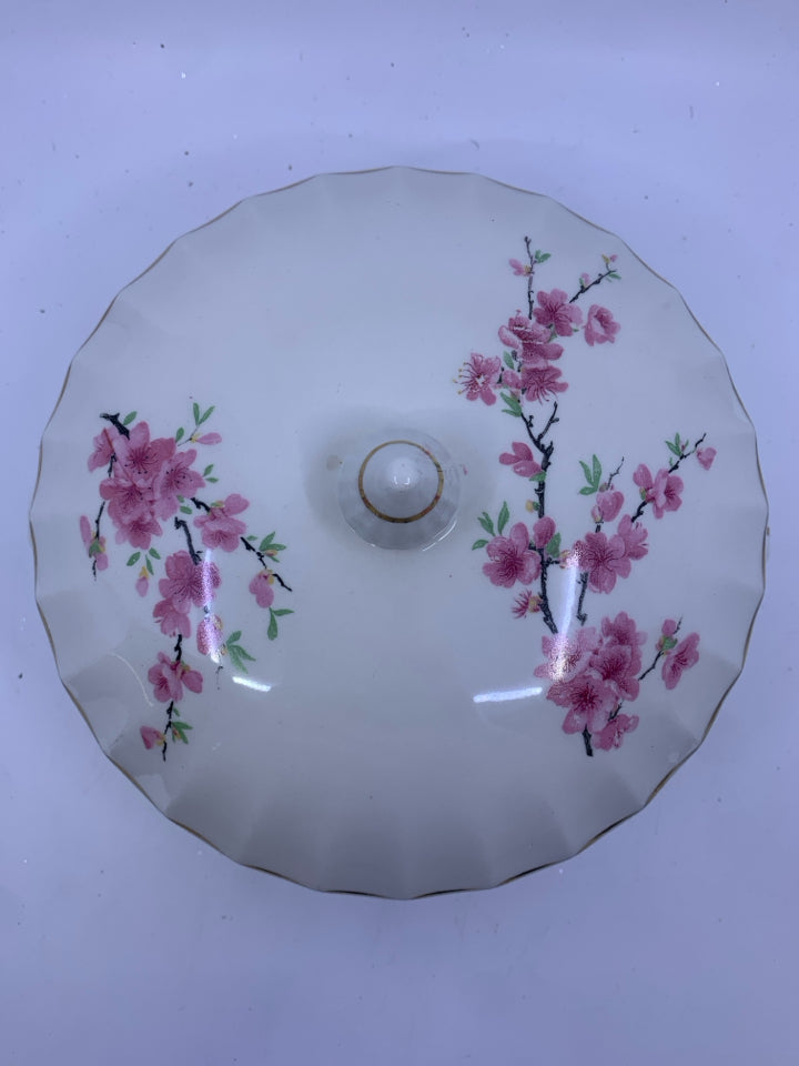 VTG BOLERO WHITE W/PINK FLOWERS COVERED DISH