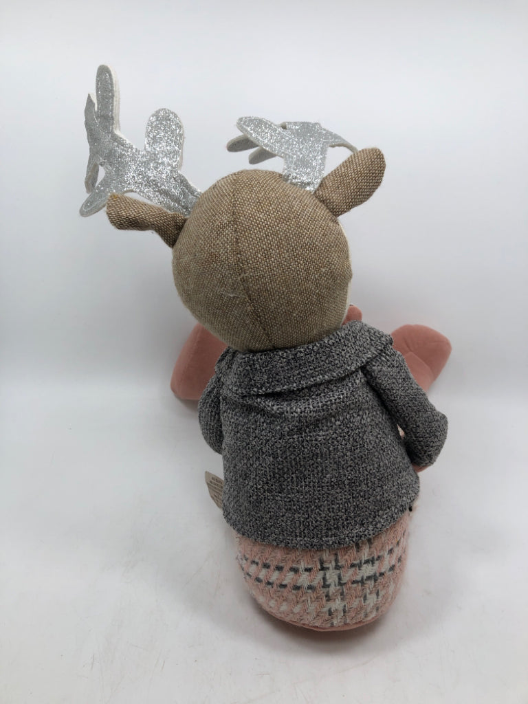 WEIGHTED PINK GREY REINDEER W/ BOW TIE SHELF SIT.
