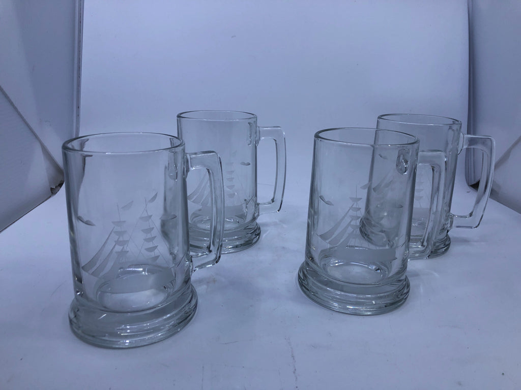 4 ETCHED SHIP BEER STEIN.
