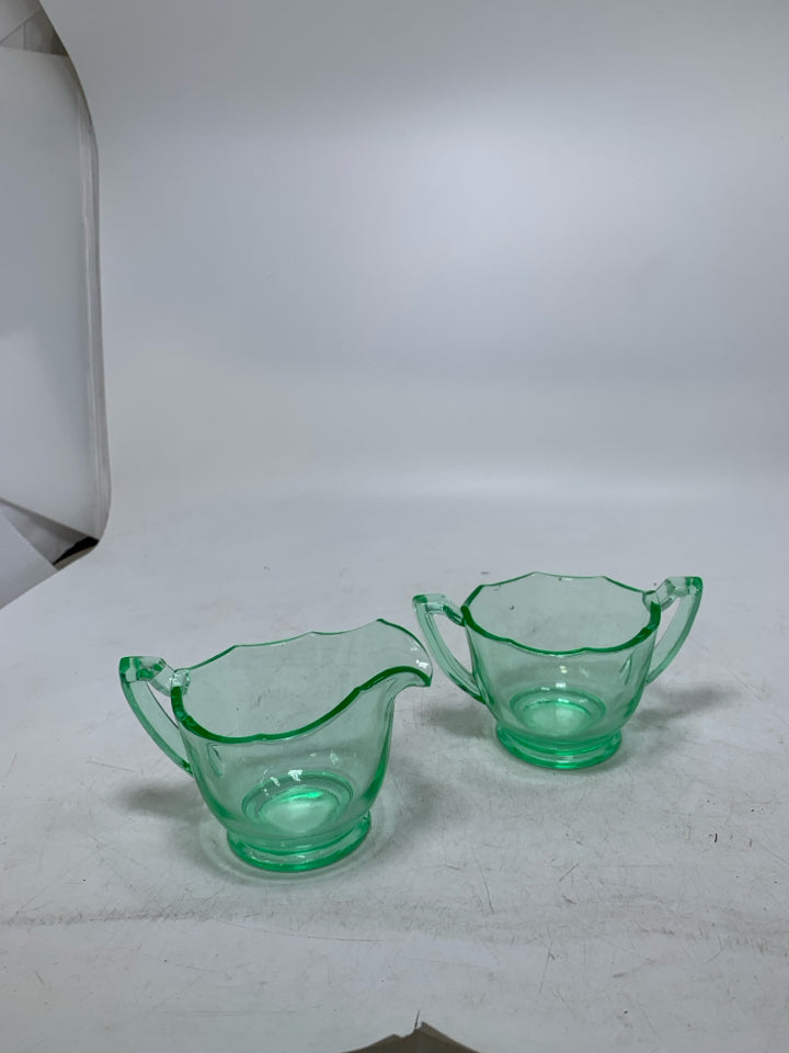 VTG GREEN DEPRESSION GLASS FOOTED SUGAR/CREAMER.
