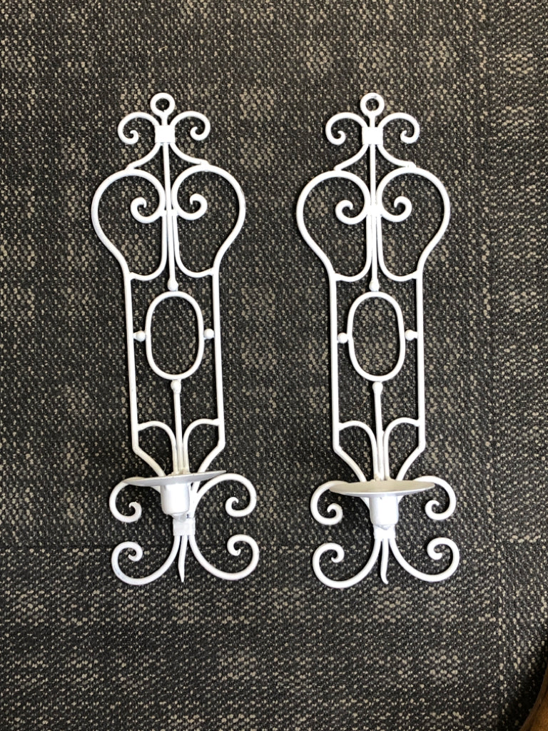 2 METAL WHITE PAINTED SCROLL DESIGN TAPERED CANDLE WALL SCONCE.