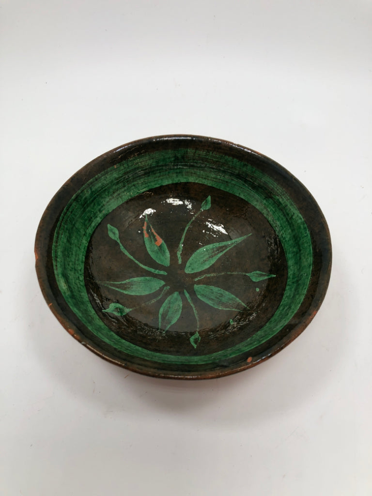 GREEN/BROWN GLAZED TERRA COTTA BOWL.