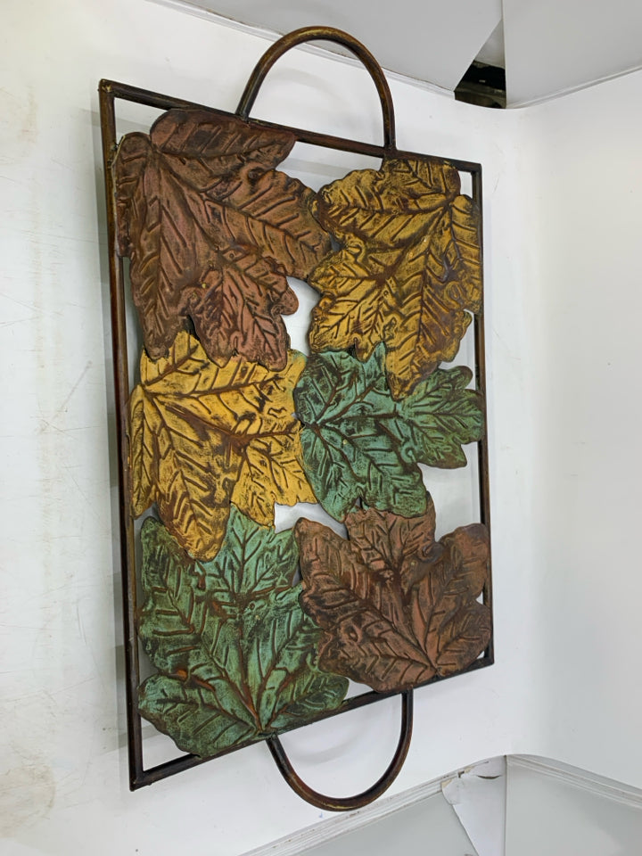 METAL TRAY W/ COLORED LEAVES.