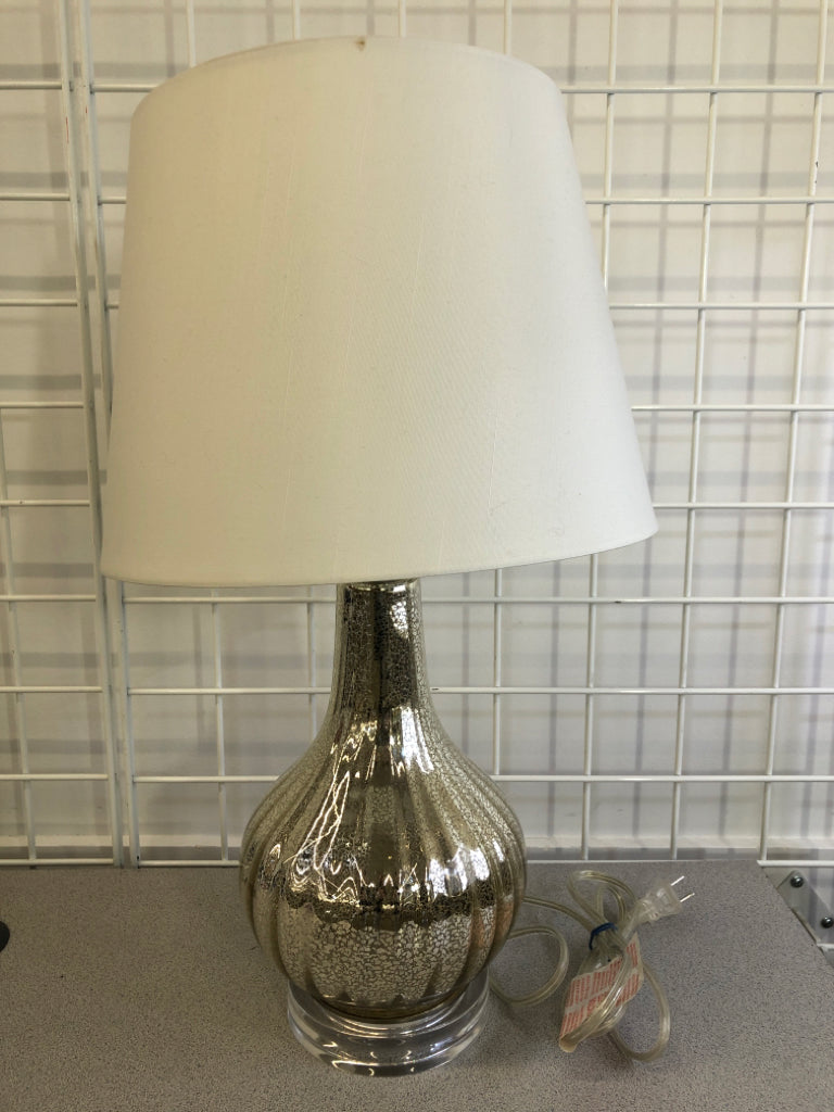 MERCURY GLASS TABLE LAMP W/WHITE SHADE.