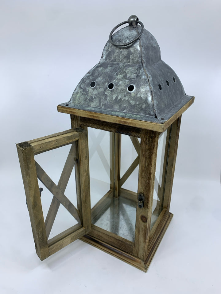 WOOD LANTERN W/GALVANIZED METAL TOP.