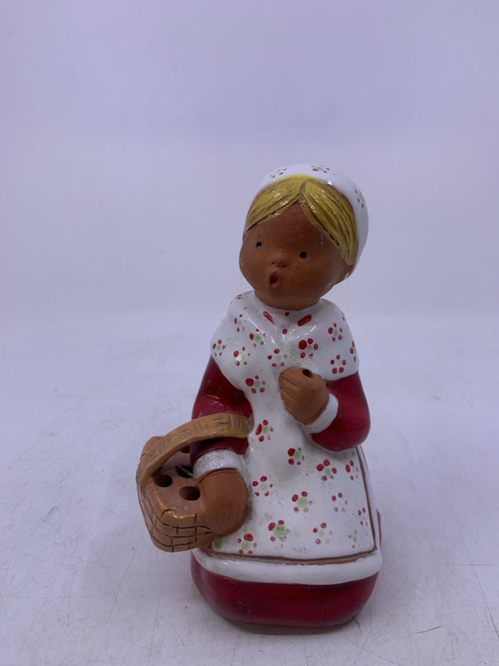 TERA COTTA BLONDE GIRL KNEELING W/ BASKET RED DRESS INSENSE HOLDER.