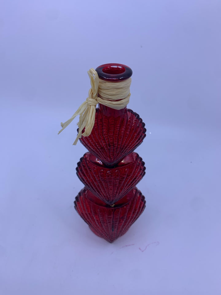 RED GLASS 3 STACKED SEA SHELLS EMPTY BOTTLE/ VASE.
