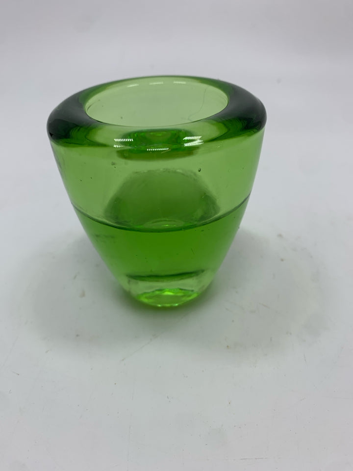 HEAVY GREEN GLASS VOTIVE/CANDLESTICK HOLDER.