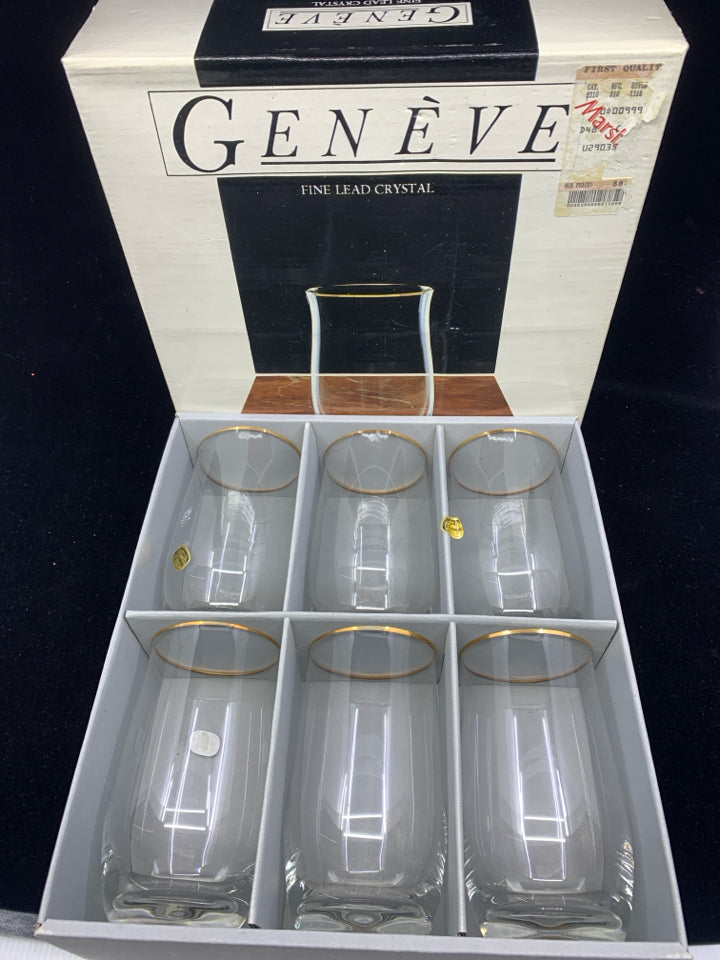 6 NIB GENEVE CLEAR GLASS W/GOLD RIM.