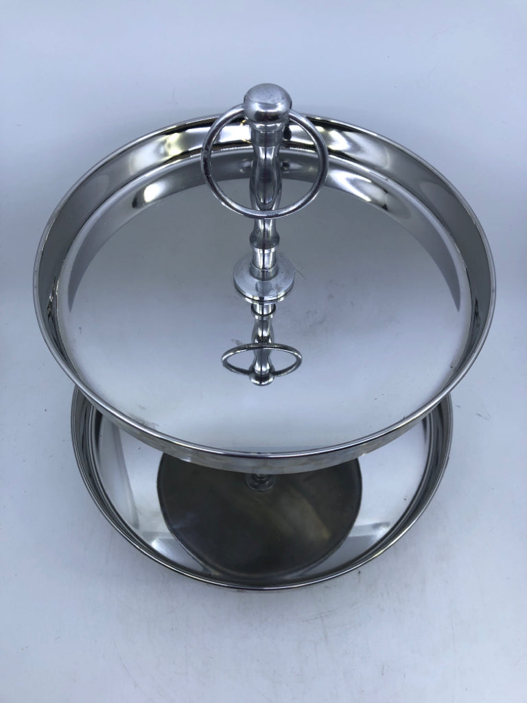 2 TIER SILVER SERVING TRAY IRIDESCENT PEARL TILE RIM.