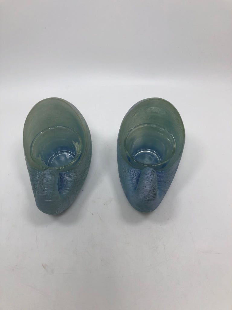 2 BLUE GLASS SEASHELL VOTIVE HOLDERS.