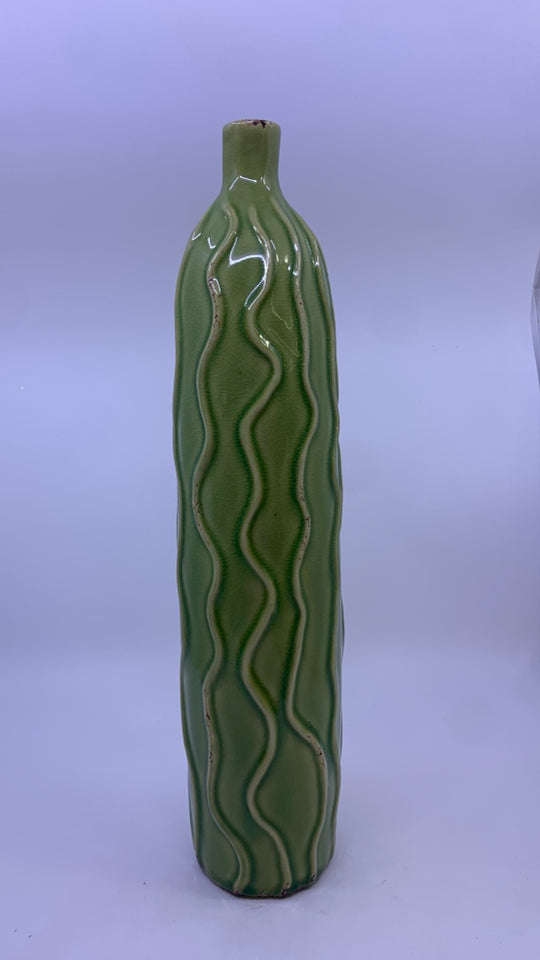 TALL GREEN TEXTURED VASE W NARROW NECK.