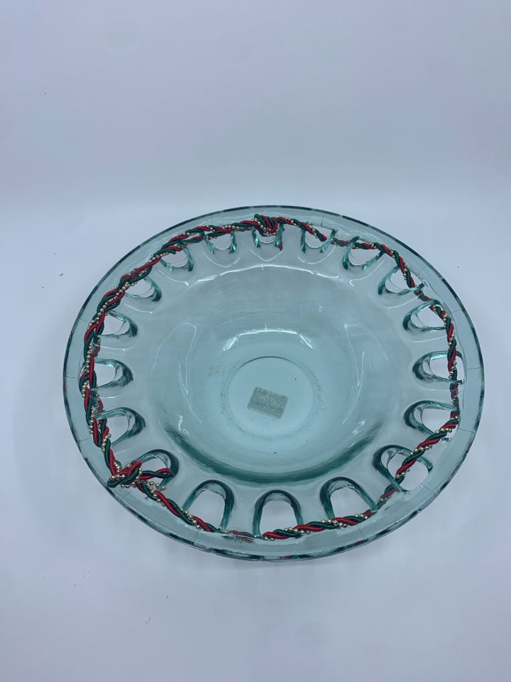 THICK PIERCED GLASS BOWL W GREEN RED GOLD RIBBON WOVEN IN.