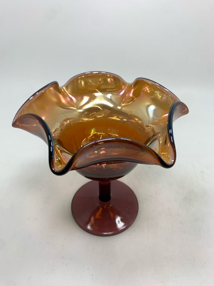 PURPLE IRIDESCENT RUFFLED CANDY DISH.