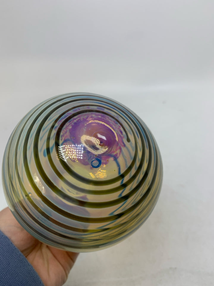 BLOWN GLASS ORB STRIPED W/ RED FLOWER IN CENTER  HANGING VASE/HUMMINGBIRD FEEDER
