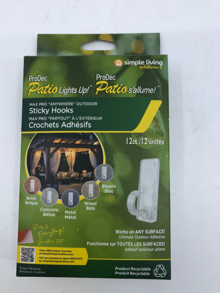 NIB 12CT STICKY HOOKS PRODEC PATIO LIGHTS UP!