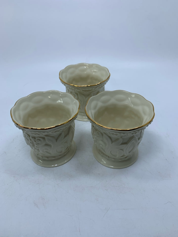 3 TEXTURED & BEADED TEALIGHT HOLDERS GOLD RIMS.