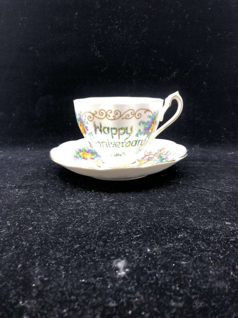 VTG CUP + SAUCER HAPPY ANNIVERSARY YELLOW ROSES/CANDLES.