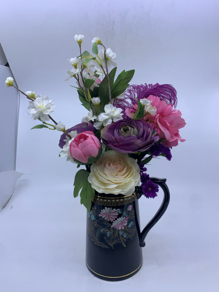 PURPLE, PINK, WHITE BOUQUET IN VTG PITCHER- ENGLAND.